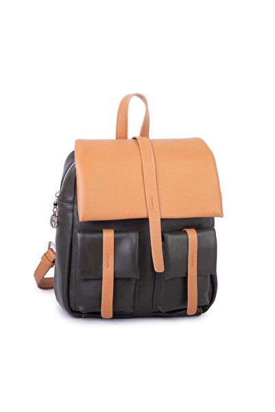 Nas Bag Women's Stylish Daily Soft Leather Backpack with Pockets Khaki Camel