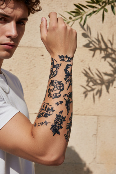 pivok Retro Patchwork Stil İkonik Figürler ve Anlamlı Yazılı Karma Tattoo Set...