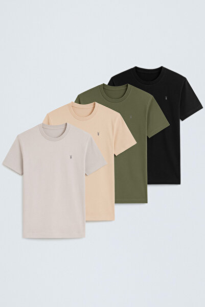 COMBİNE MİCHAİL Men's Crew Neck Comfortable Basic 4-Piece T-Shirt