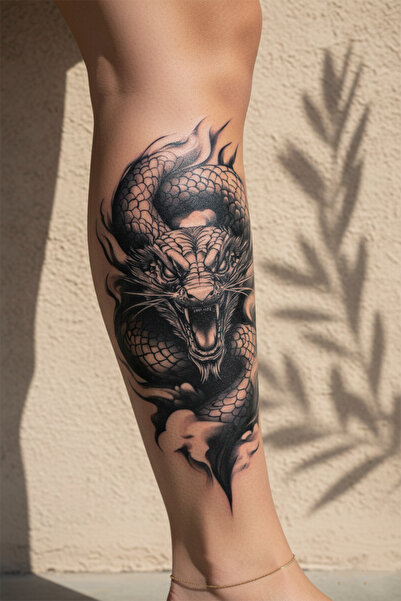 pivok Kükreyen Mitolojik Ejderha ve Alev Efektli Sanatsal Tattoo - Yarı Kalıc...