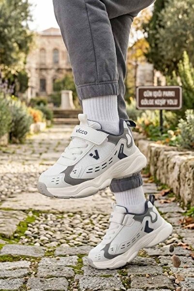Vicco Boys' Sports Shoes - White Gray, Velcro Sneaker with Phylon Sole