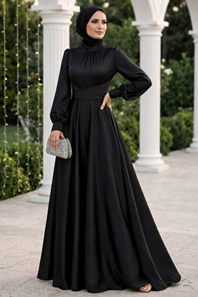 N.S NEVA STYLE Σατέν Μαύρο Βραδινό Φόρεμα Τεσεττούρ 6297S