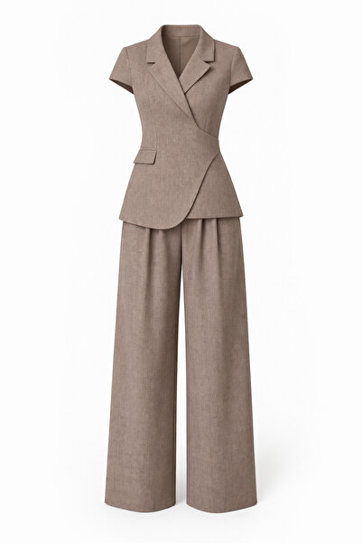 HAZELANNA Kruvaze Yelek-Pantolon Vizon Premium Takım