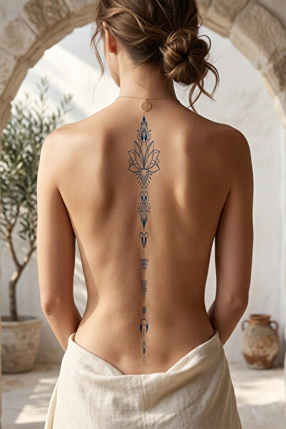 pivok Geometrik Lotus ve Unalome Motifli Minimalist Omurga Dövmesi - 1 Ay Kalıcı