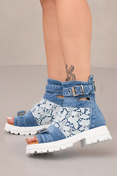 StarBlueMooN Women's Denim Sandals with Lace Detail Design