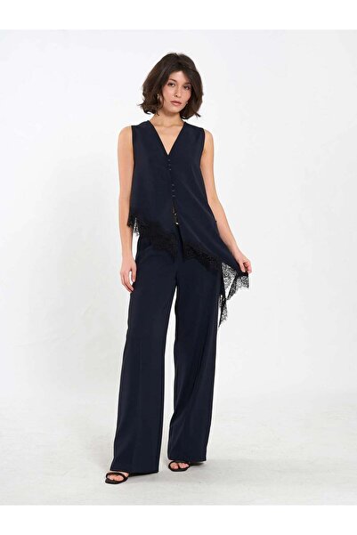 Coral Asymmetrical Vest with Lace Detail at the Hem 120744 Navy Blue