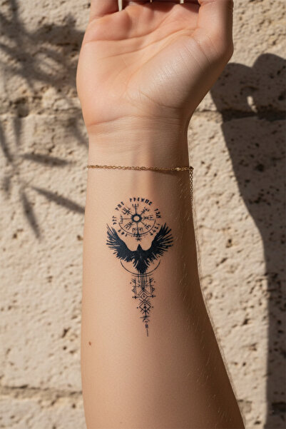 pivok Vegvisir Viking Pusulası ve Kuzgun Yarı Kalıcı Dövme / 1 Ay Kalıcı - İs...