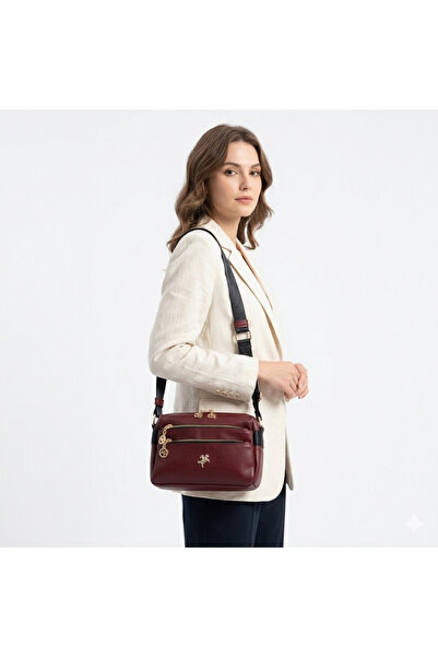 Nas Bag حقيبة كتف نسائية متعددة الأقسام متوسطة الحجم باللون الأحمر الداكن وال...