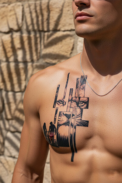 pivok Modern Geometrik Aslan ve Aile Silüeti Detaylı Sanatsal Tattoo - Yarı K...