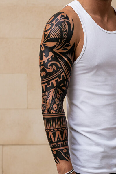 pivok Maori ve Tribal Stil Kalın Siyah Desenli Tam Kol Kaplama Dövme - Yarı K...