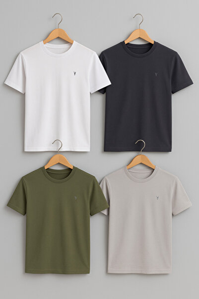 COMBİNE MİCHAİL Men's Crew Neck Comfortable Basic 4-Piece T-Shirt