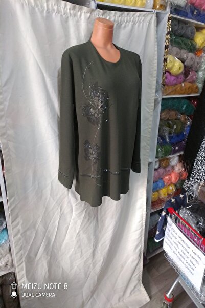 ARPATİ Green Blouse Combed Cotton Knitwear Front Bead Printing Embellishment ...