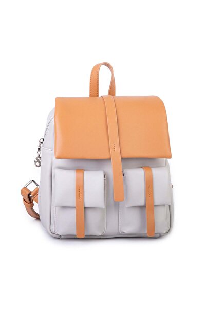 Nas Bag Women's Stylish Daily Soft Leather Backpack with Pockets Gray Camel