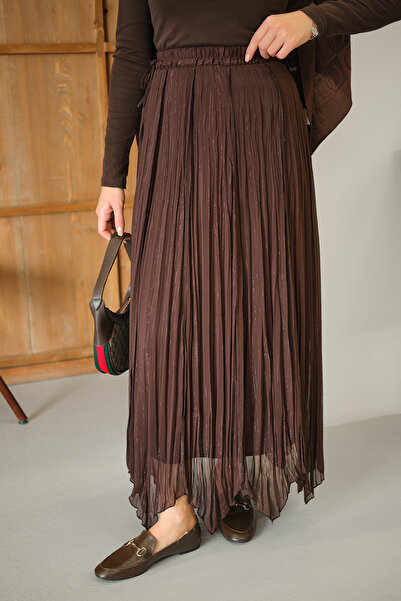 LOCCO Women's Side Lace Detail Glittery Chiffon Skirt Brown