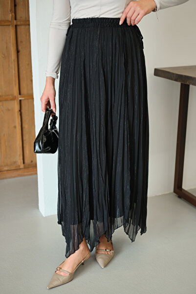 LOCCO Women's Side Lace Detail Glittery Chiffon Skirt Black