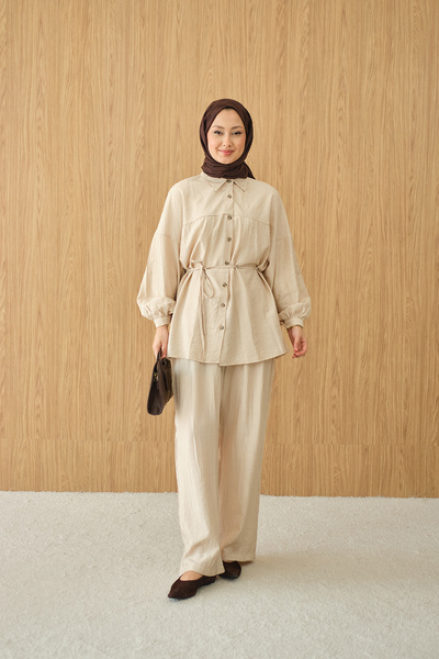 LOCCO Γυναικείο πουκάμισο με μοτίβο ρυτίδων και δέσιμο στη μέση, κρέμα γιακά