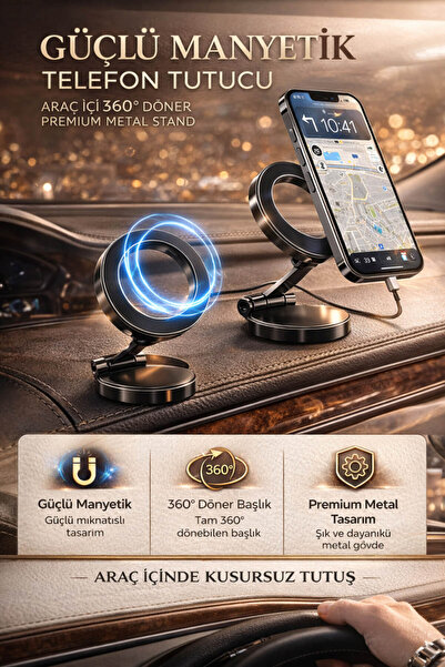 Anadolu Saray Manyetik Araç İçi Telefon Tutucu 360° Döner Premium Metal Güçlü...