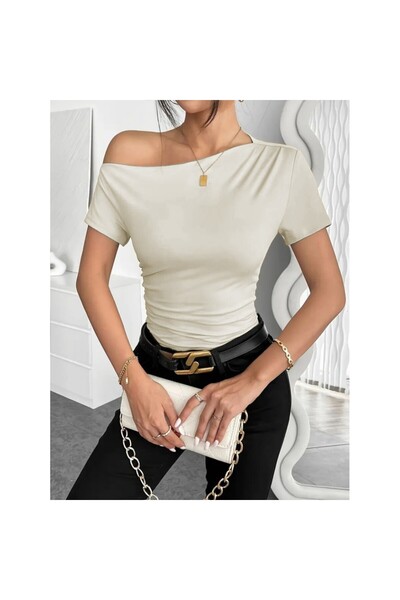 vuvutasarım Women's Short Sleeve One-Shoulder Gathered Viscose Blouse 23534