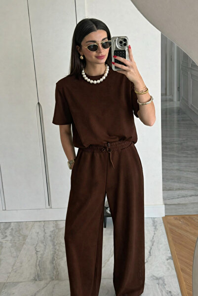 YAKAMEL KADIN KISA KOLLU 2 İPLİK PENYE MODAL YUMUŞAK YÜKSEK BEL GENİŞ PAÇA EŞ...