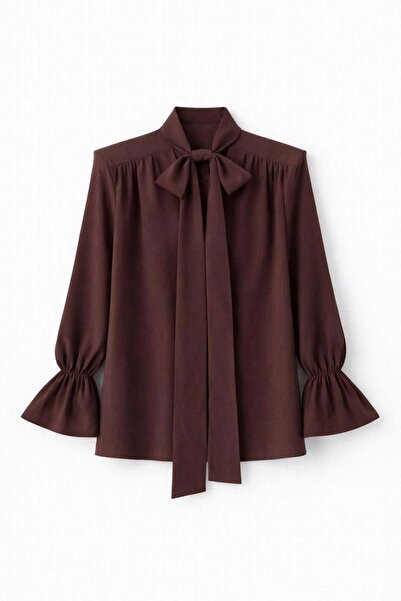 HAZELANNA V-Neck Tie-Neck Coffee Blouse