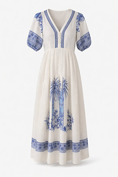 HAZELANNA Mavi Desenli V Yaka Midi Elbise