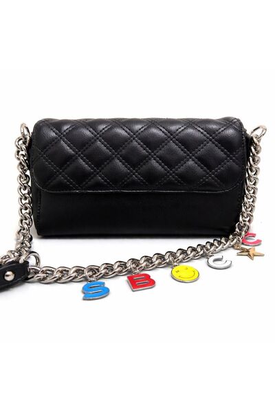 ZERVA QUEEN Trendy Letter Detailed Black Quilted Shoulder Bag - Silver Chain ...