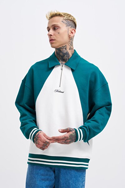 Machinist Ανδρικό φούτερ πόλο με λεπτομέρειες σε χρώμα εκρού-πράσινο λαδί