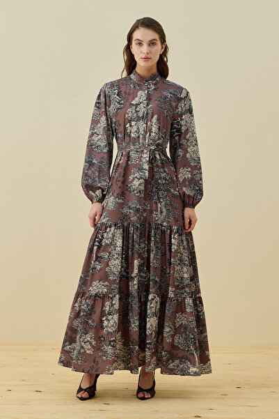 Merwishop Patterned Bloom Dress with Ruffle Detail at Hem 1727 Brown