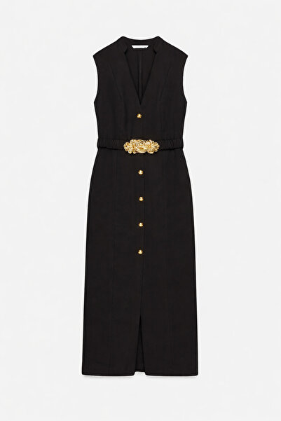 HAZELANNA Kemerli Siyah Midi Elbise