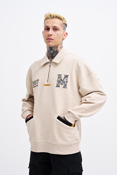 Machinist Men's Felt Badge Zip Polo Sweatshirt Light Beige