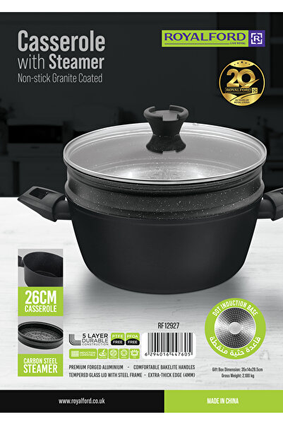 ROYALFORD 26cm Casserole with Steamer RF12927 Non-Stick Cookware with Granite...