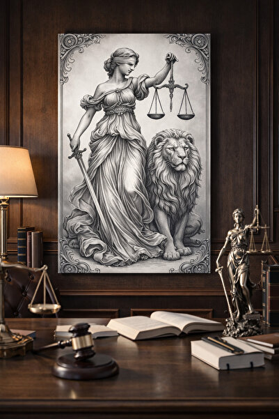 EvimeTablo Lady Justice & Aslan Figürlü Kanvas Tablo – Adalet Heykeli Hukuk O...