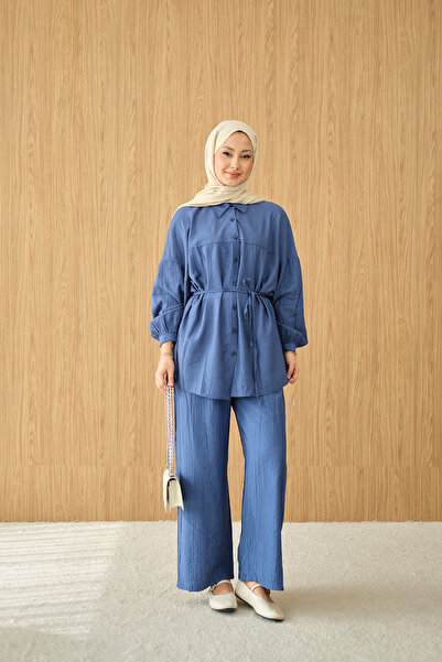 LOCCO Women's Wrinkled Patterned Waist-Tie Shirt Collar Suit Saks Blue