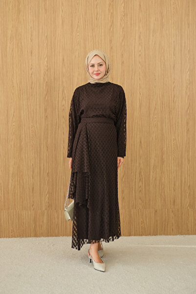 LOCCO Γυναικείο σετ φούστας με αυτοσχεδιασμένο σχέδιο σε καφέ χρώμα