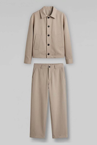 ablukaonline طقم سترة وبنطلون رجالي فاخر بقصة مريحة باللون البيج