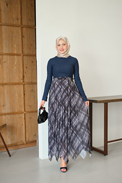 LOCCO Women's Plaid Patterned Chiffon Skirt with Stitching and Side Lace Deta...