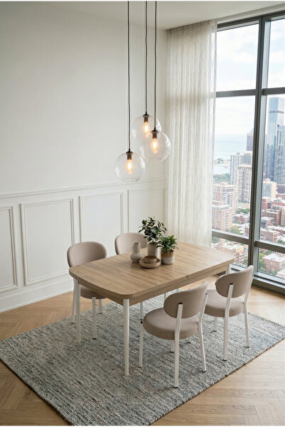 DEREN HOME Pufy Serisi 80x130 Açılabilir Masa +4 Adet Silinebilir Sandalye Ma...