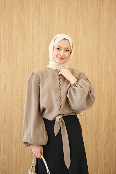 LOCCO Women's Button Detail Waist Tie Shirt Mink