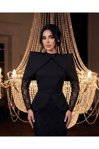 Women's Imported Scuba & Lace Fabric Pendant Stone Detailed Belted Lined Special Design Maxi Dress