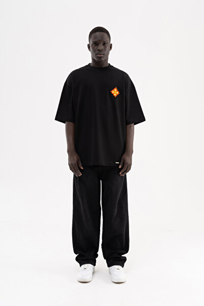 Machinist Ανδρικό μπλουζάκι με έθνικ σχέδιο κεντημένο, σε μεγάλο μέγεθος, μαύρο