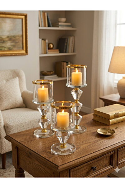 mysecrethome Gold Detaylı Kristal 3’lü Şamdan Seti 14-18-23 cm | Lüks Dekorat...