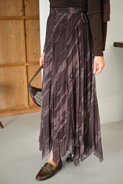 LOCCO Women's Thick Brush Pattern Asymmetrical Cut Chiffon Skirt Brown