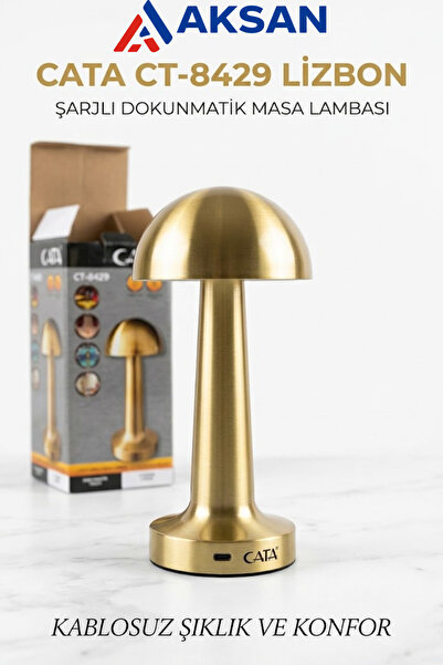 Cata CT-8429 Gold Dokunmatik Şarjlı Masa Lambası 3 Renk Kablosuz Dekoratif Ay...