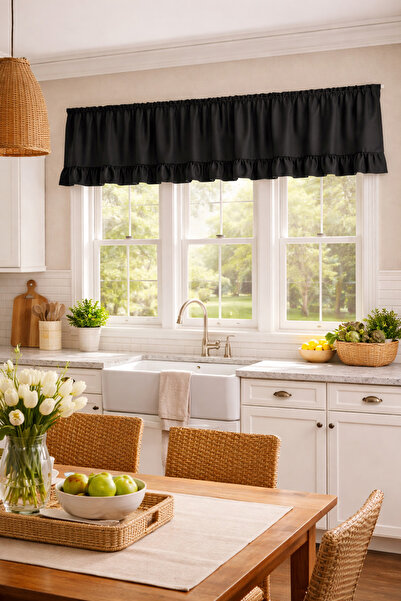perde plus Black Ruffle Detailed Farbela, Short Background Curtain 1 Piece Fa...