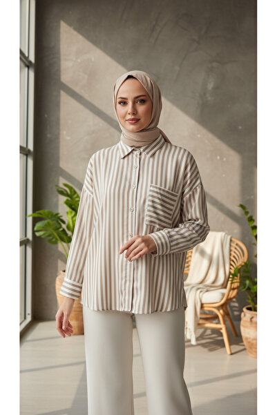 modam miss Çizgili Bej Saten Gömlek 8029
