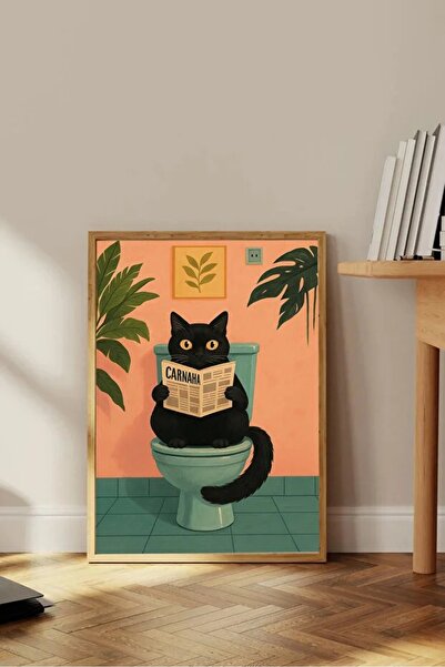 AR AJANS KANVAS TABLO Μαύρη γάτα που διαβάζει ένα βιβλίο στην τουαλέτα, Πίνακ...