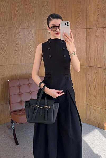 HAZELANNA Μαύρη μπλούζα με δύο στρώσεις, δέσιμο στη μέση και κουμπιά