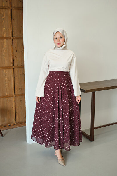 LOCCO Women's Polka Dot Detail Chiffon Skirt Burgundy