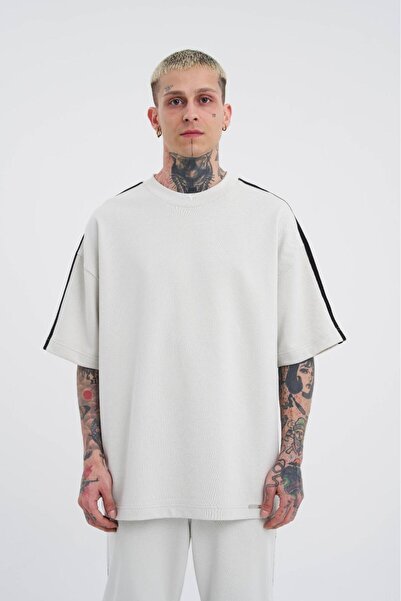 Machinist Tricou oversize cu mâneci în dungi pentru bărbați, gri spațial