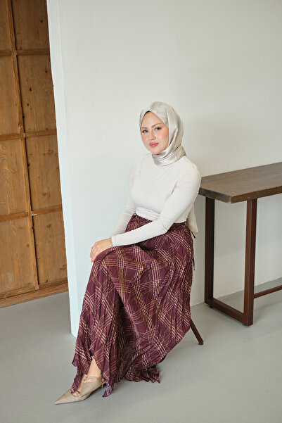 LOCCO Women's Plaid Patterned Chiffon Skirt with Stitching and Side Lace Deta...